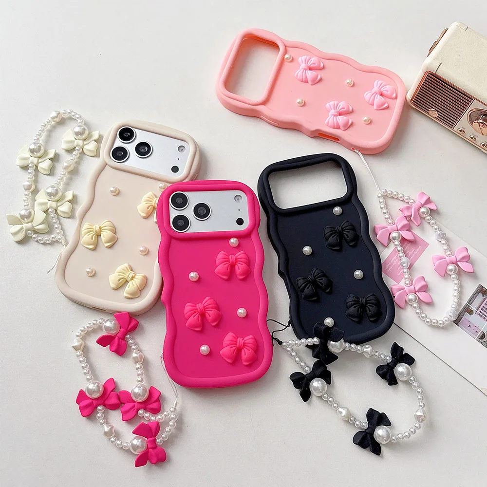 Elegant 3D Bowknot Pearl Candy Wavy Silicone Phone Case Cover