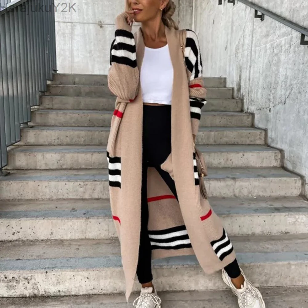 

Autumn Winter Knitted Cardigan Women Striped Patchwork 2023 Elegant Loose Long Outerwear Maxi Y2k Sweater Coat Soft Jacket