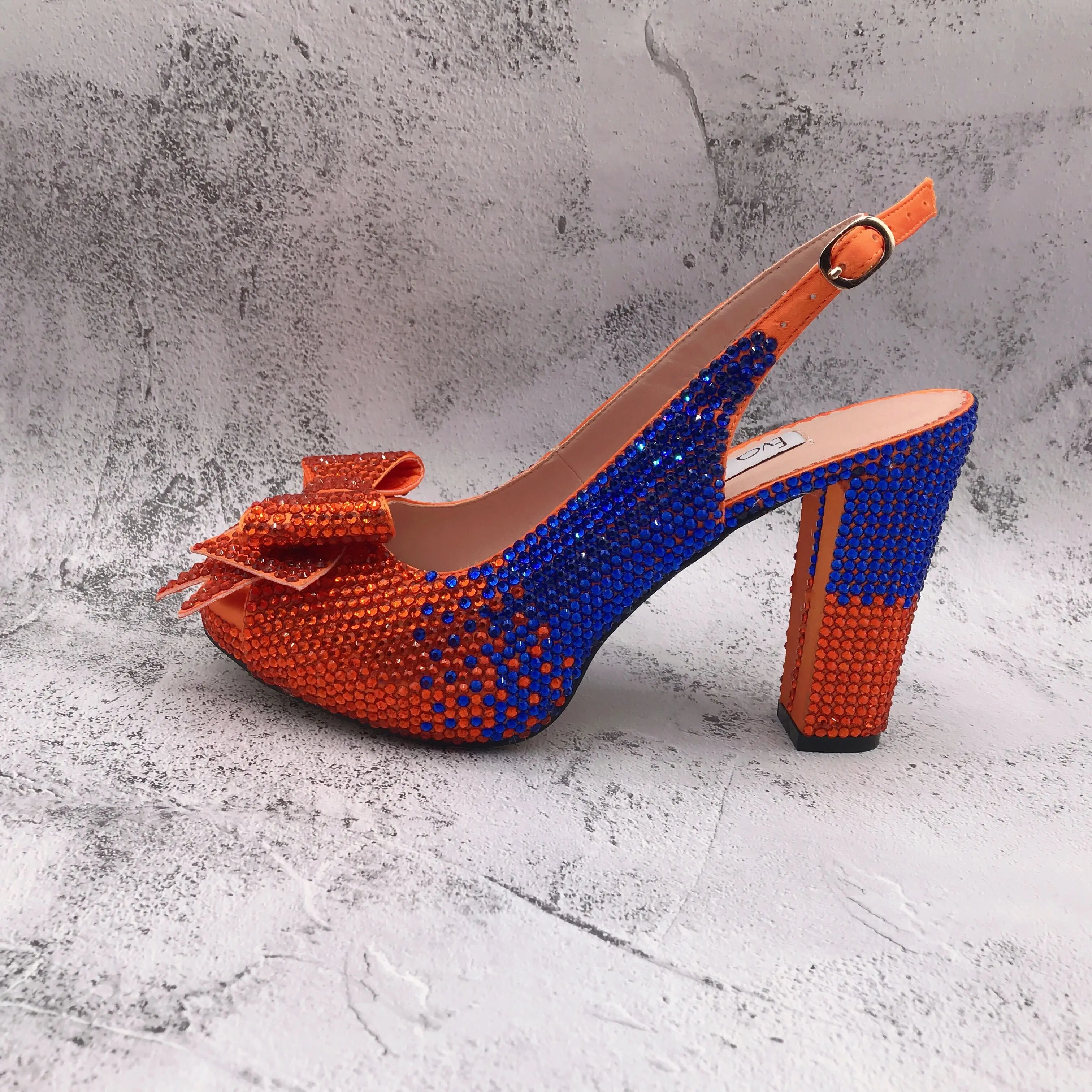 CHS1514 DHL Custom Made orange Blue Crystal Bow Slingbacks