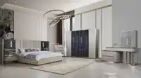 Ensemble de meubles de chambre à coucher modernes de luxe en gros de Chine, lit double king size avec cadre en bois, rangement, lit queen en MDF, pour la maison et les hôtels 5