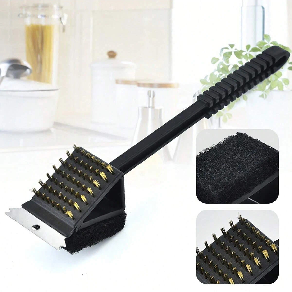 1pc-Long Handle BBQ Tool Barbecue Grill Oven Cleaning 3 in 1 CornerCopper Wire Brush for Outdoor PicnicCopper Wire Sponge Shovel