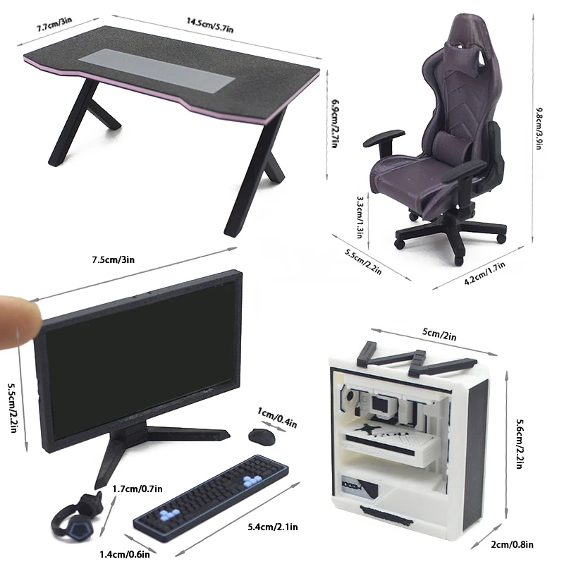 Micro Scene Props Dollhouse Esports Furniture Set: Desk, Chair, Keyboard, 1/12 Scale
