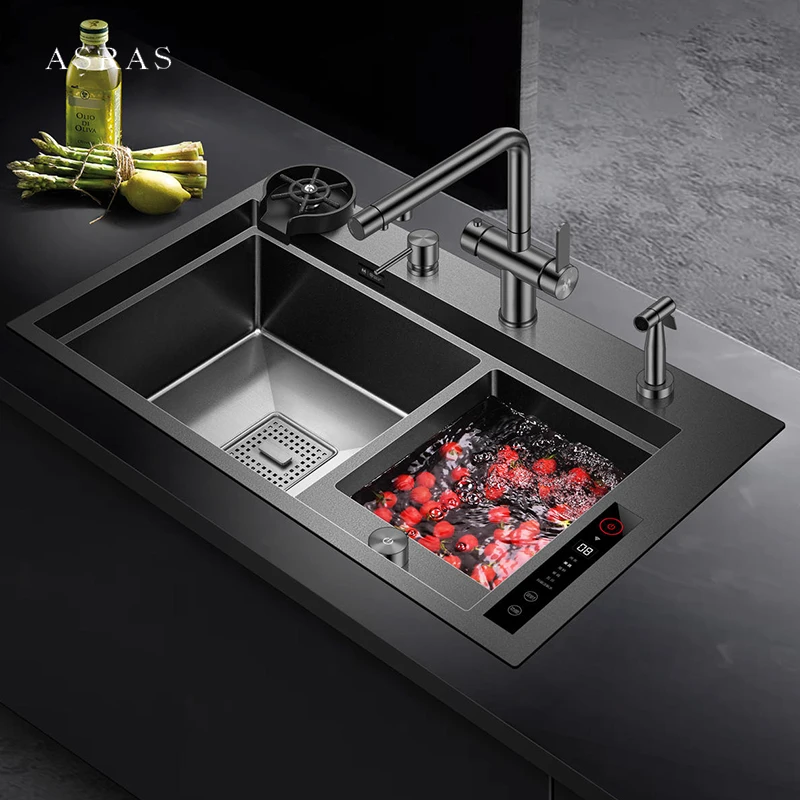 ASRAS Island Smart Purifying Kitchen Sinks SUS 304 4mm Panel Handmade Double Sink Nanometer Smart Purifying Sinks