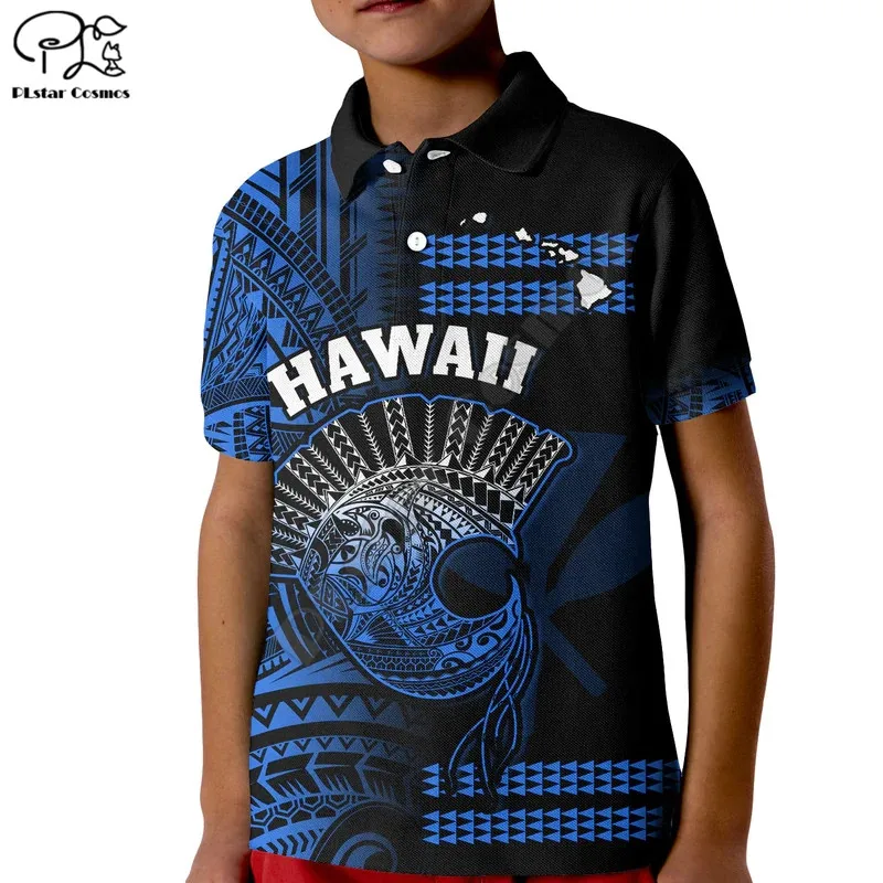 

Custom Personalised Hawaii Polo Shirt KID Kakau Warrior Helmet Gradient Polynesian 3d Print T Shirts Summer Tops Kids T-shirt