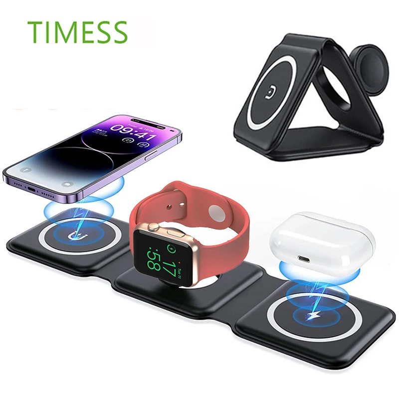 

3 in 1 Magnetic Wireless Charger for iPhone 15 14 13 12 Fast Charging Station For Apple Watch 9 8 7 6 5 4 Airpods 2 3 Pro