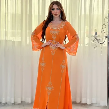 Polyester Muslim Abaya for Women Summer Elegant Orange Blue Pink Green Muslim Women Long Sleeve V-neck Polyester Long Abaya 1