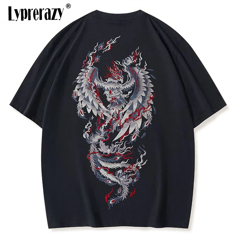 

Lyprerazy футболка в китайском стиле с вышивкой Феникс с короткими рукавами летняя Модная хлопковая свободная Мужская футболка в национальном стиле