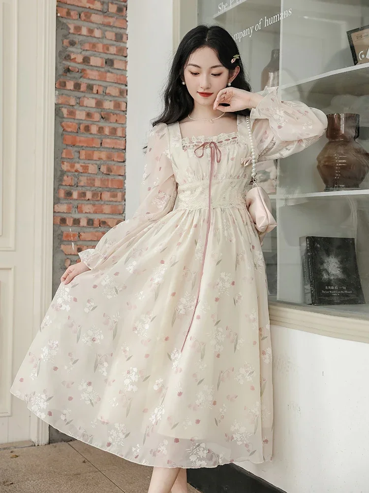 Romantic Lady Fairycore Dress Donna Vintage Sweet Bow Print Lace Petal Sleeve Abiti Da Principessa Romantici Faldas Vestido Festa