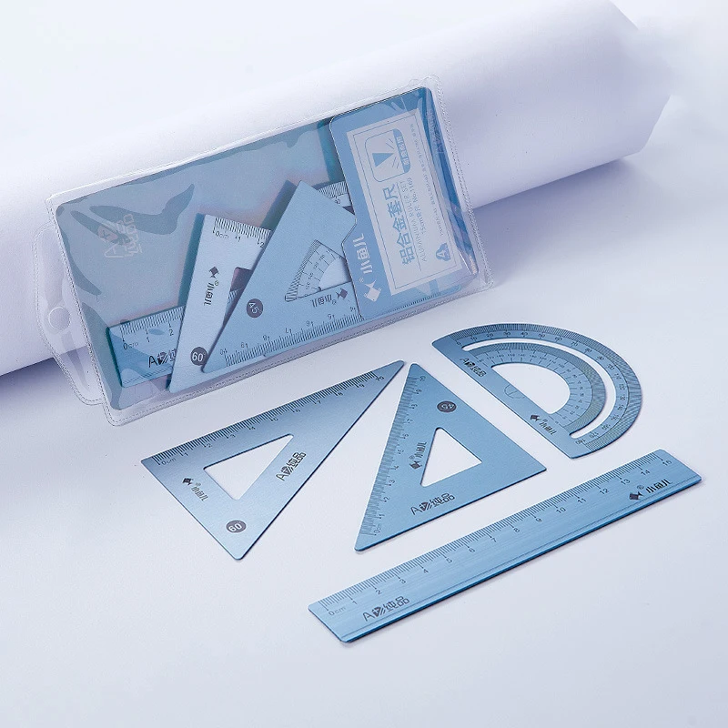 Aluminum Ruler Set Drafting Set With Storage Box Straight Ruler Protractor Students Measure Ruler Set Multi-Function Set 4pcs