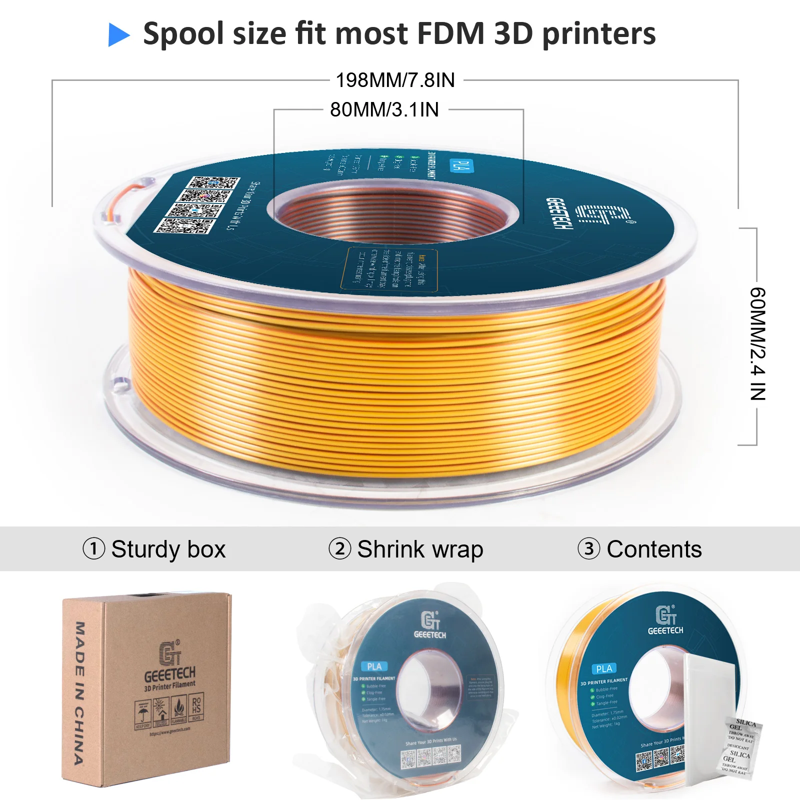 3D Printing Filament Geeetech Three Tri Color Silk PLA Filament 1.75 mm 1KG Spool Wire Vacuum packaging special color