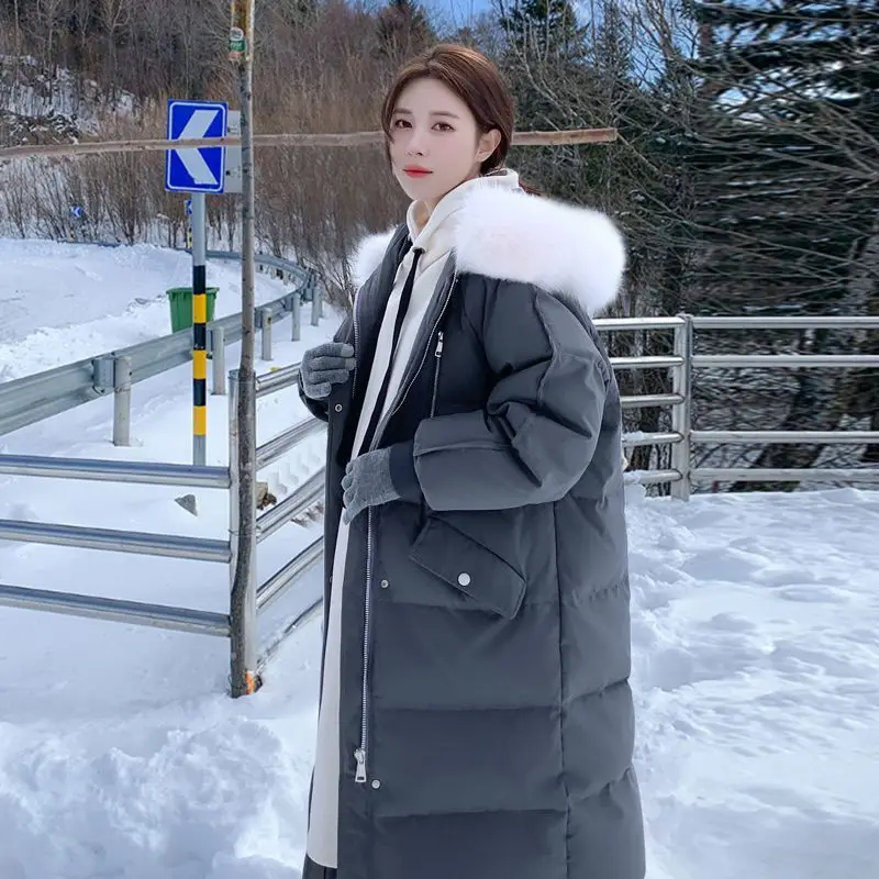 Новинка, женское пуховое пальто из хлопка, зимняя куртка, женская версия средней длины, свободная верхняя одежда, парки с капюшоном и меховым воротником, толстое теплое пальто