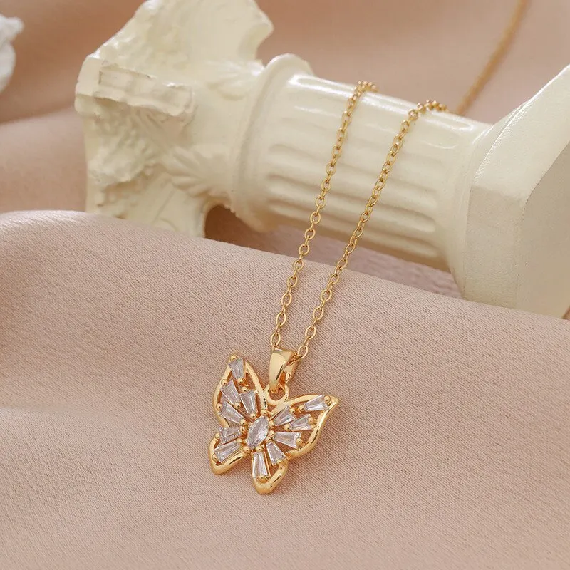 Collana Lunga A Y Con Farfalla Di Cristallo E Fiore – Collana Con Ciondolo E Nappa Per Donna, Colore Blu
