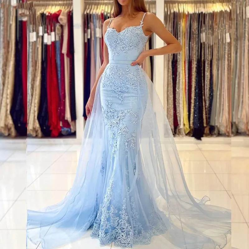 Light Blue Mermaid Prom Dresses Long Sweetheart Appliques Lace Evening Dress Detachable Tulle Train Formal Party Gowns