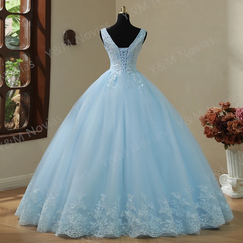 New V Neck Purple Quinceanera Dresses Sweet Flowers For Party Lace Ball Gown Fashion Classic Vestidos Color Plus Size