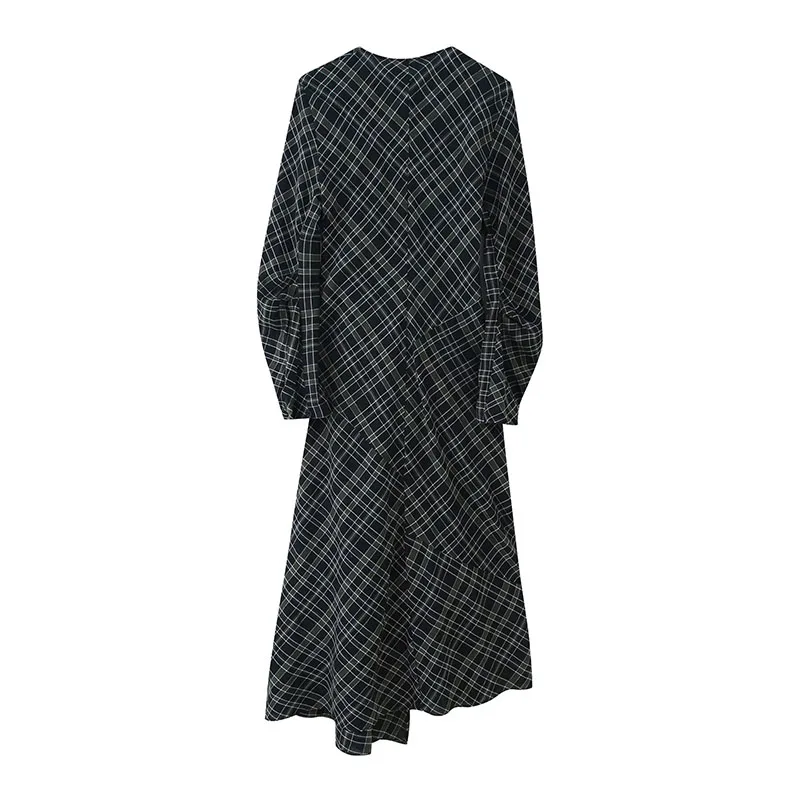 2025 New Women Fashion Plaid V neck Dress Long Dresses Ruched Chic Dresses Women Long Sleeve Casual Autumn Dress