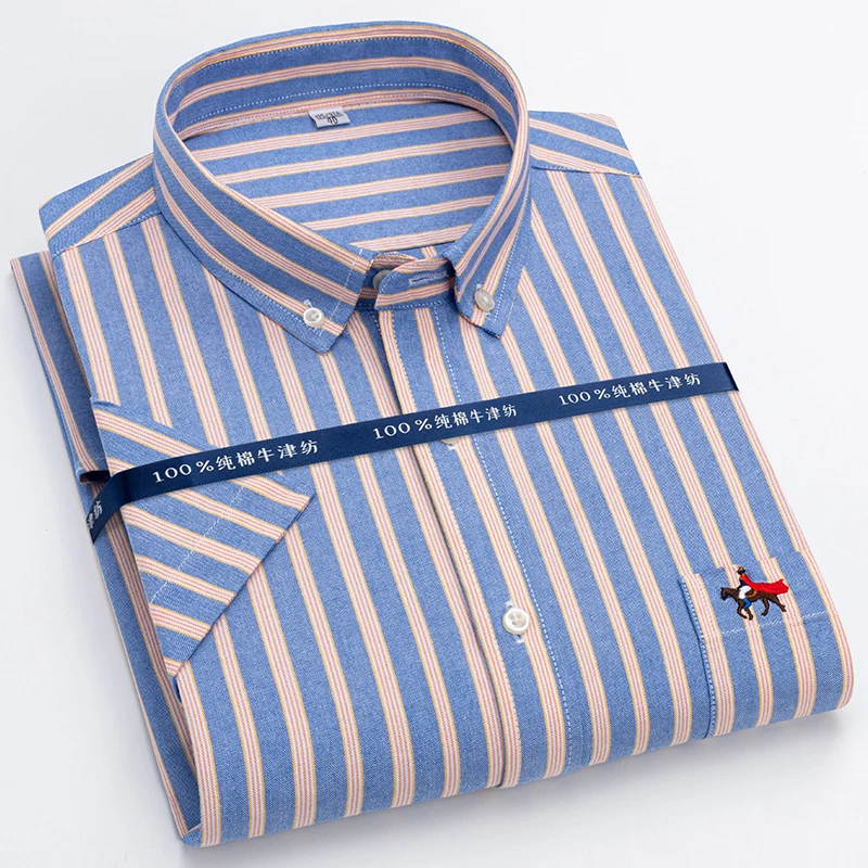 New Men\'s Short Sleeve Striped Plaid Casual Shirt Cotton Oxford Shirt Men\'s Pocket Embroidery Regular Fit Button Work Shirt