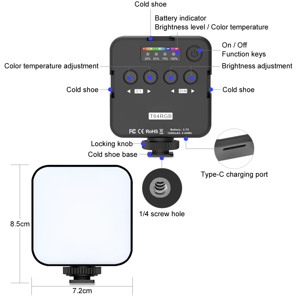 풀 컬러 RGB LED 비디오 사진 조명, 2500K-9000K 미니 필 3 콜드 C 타입 포켓 카메라, 핫 슈 라이트, 휴대폰 셀카 라이브