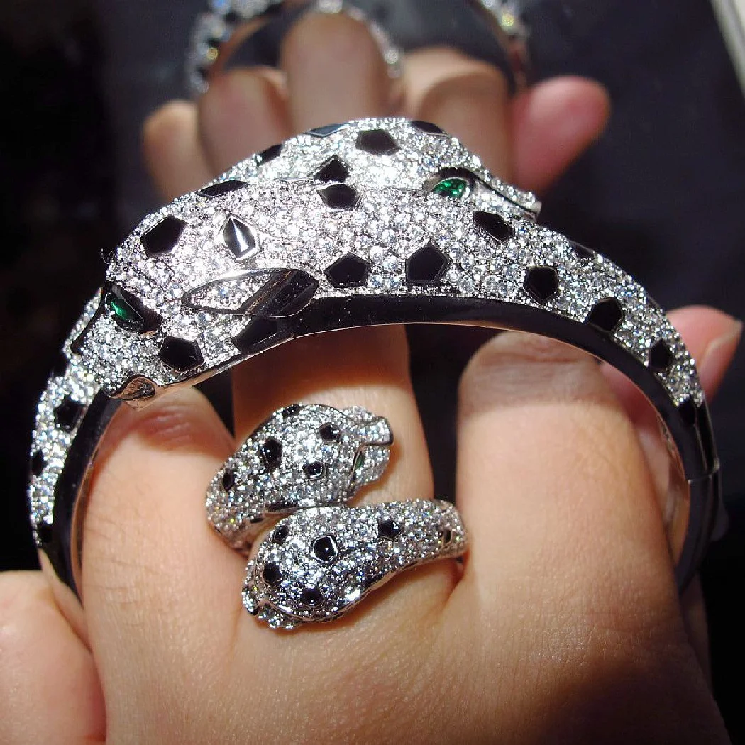 

Punk Black Spot Double Leopard Heads Ring Bangle Zirconia Stone Animal Panther Bracelet for Women Fashion Party Jewelry set