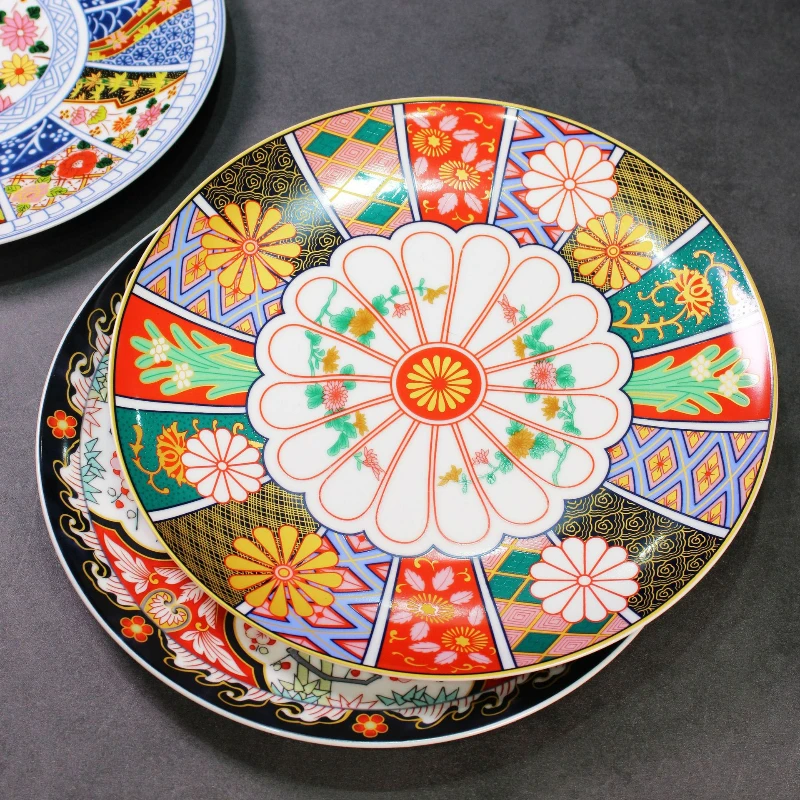 Ceramic Tableware Household Plate Retro Flower Texture Large Disc Sashimi Dessert Pastry Sushi Plate Restaurant Home Tableware