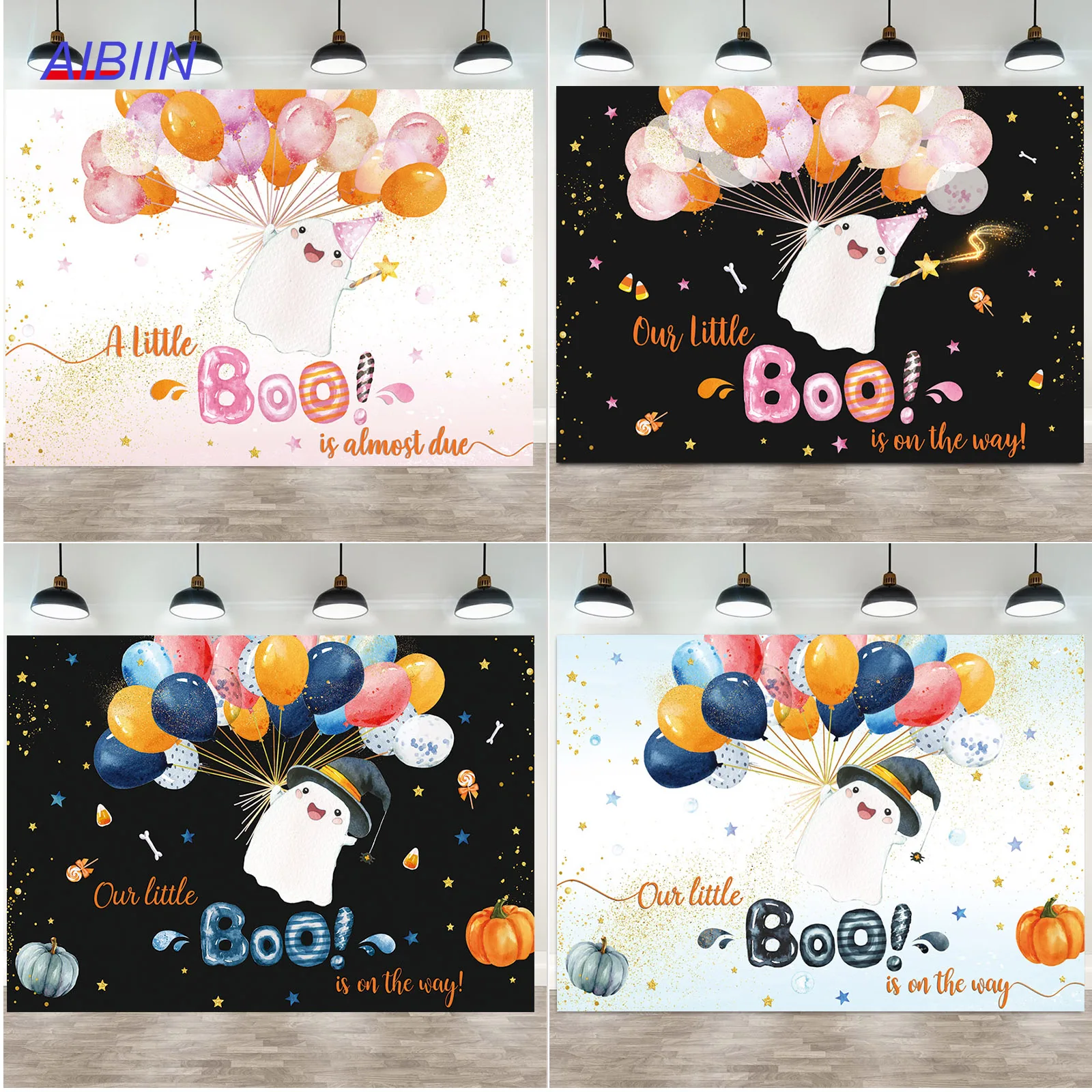 

Halloween Boo Baby Shower Backdrop Pink Girl or Blue Boy Black Photography Background Balloons Gold Dots Party Decor Banner