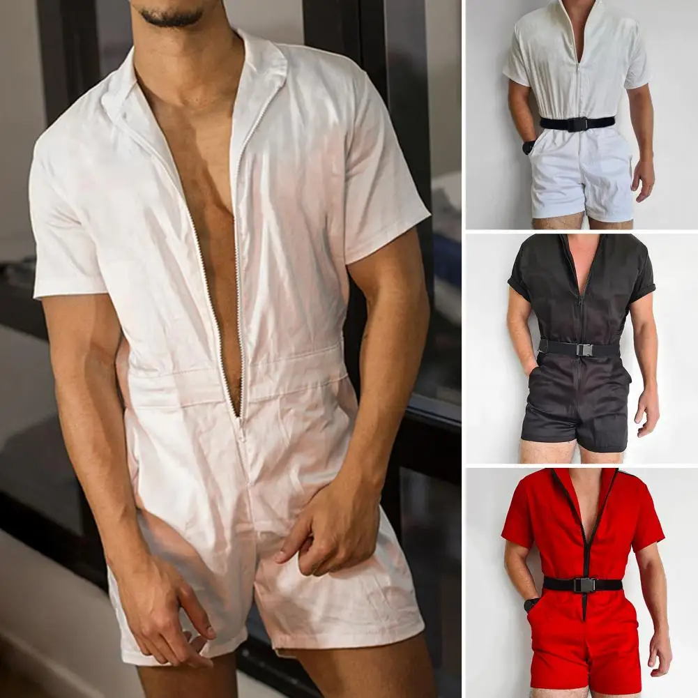 Stylish Men Overall Shorts Zipper Temperament Slim Short Sleeve Romper Male Men Jumpsuit Streetwear - Image 3