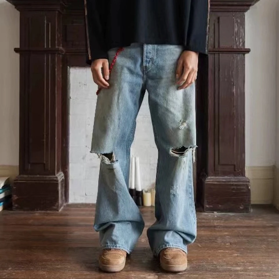 Ripped Hole Washed Blue Mud Dyed Baggy Jeans for Men and  display picture 1