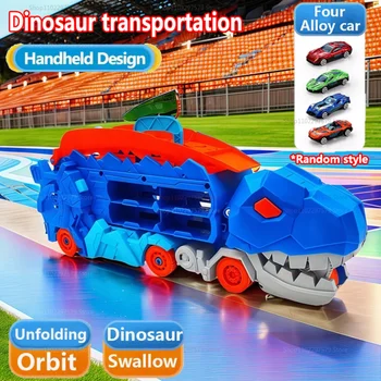 Transport Dinosaur Truck with 4 Alloy Cars with Foldable Sliding Race Transforms into Standing T-rex Best DIY Birthday Gift Toys 1