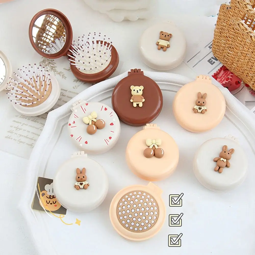 Bear Cartoon 2 in 1 Comb Mirror Set Cherry Cartoon Animal Bowknot Air Bag Hair Comb Durable Korean Style goldfish silicone mold durable cartoon animal scented fish mold gypsum ornaments mold diy plaster