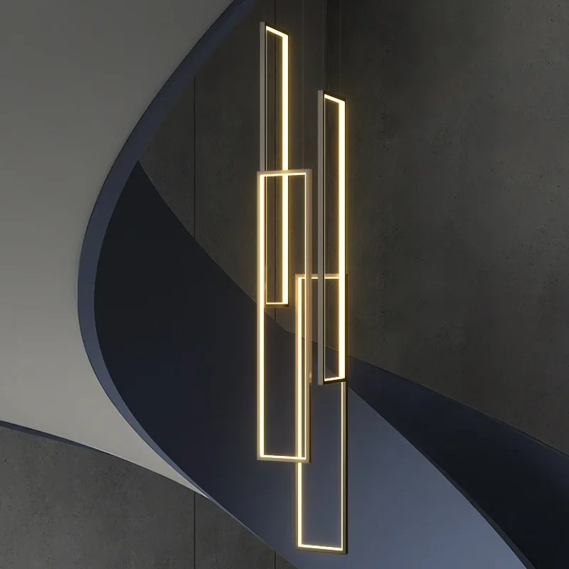 

Modern Rectangular Led Chandelier Dimmable Black Gold for Staircase Table Dining Living Room Pendant Lamp Home Decor Lighting