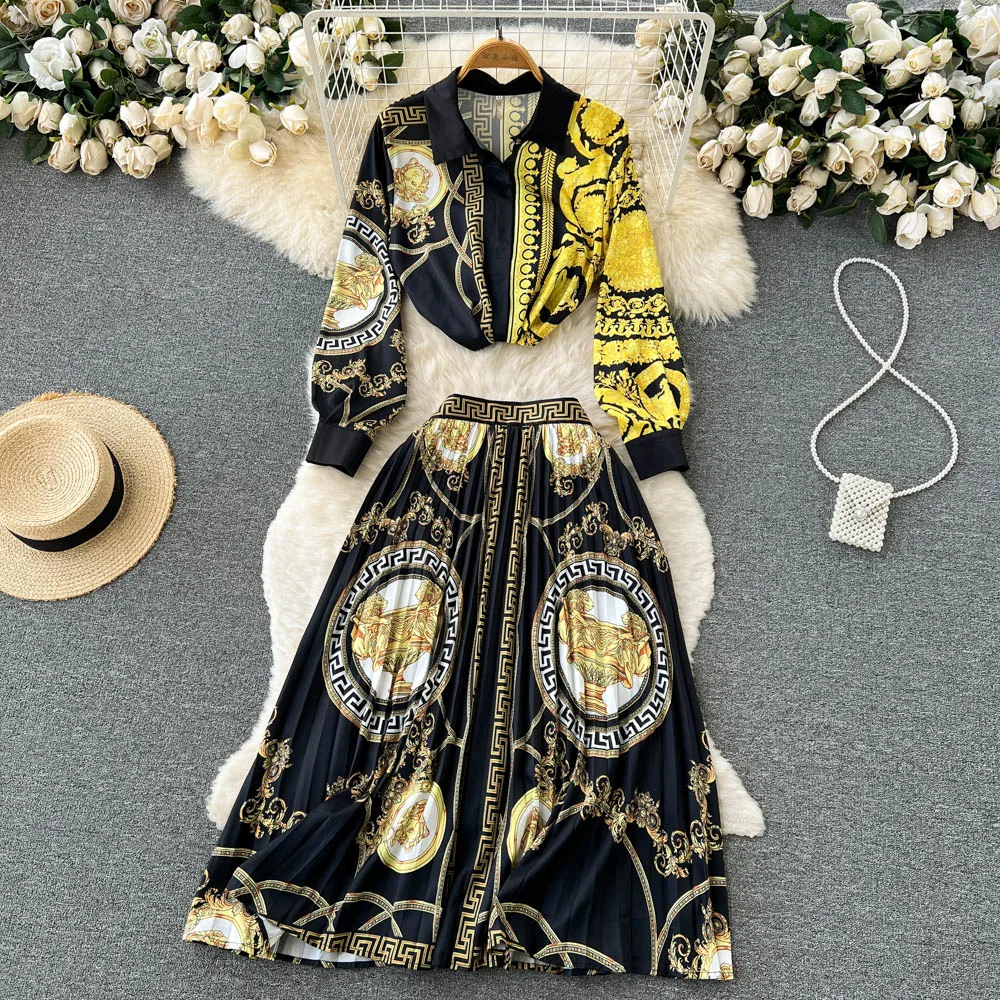 

Ins goddess temperament celebrity print suit loose long sleeved shirt high waist pleated skirt two-piece Sets