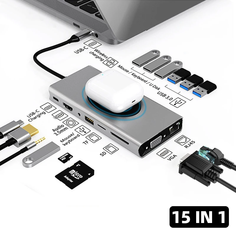 

15 in 1 Type C HUB Dock Docking Station USB HUB Type C To HDMI-compatible Wireless Charging USB 3.0 Adapter Laptop Accessories