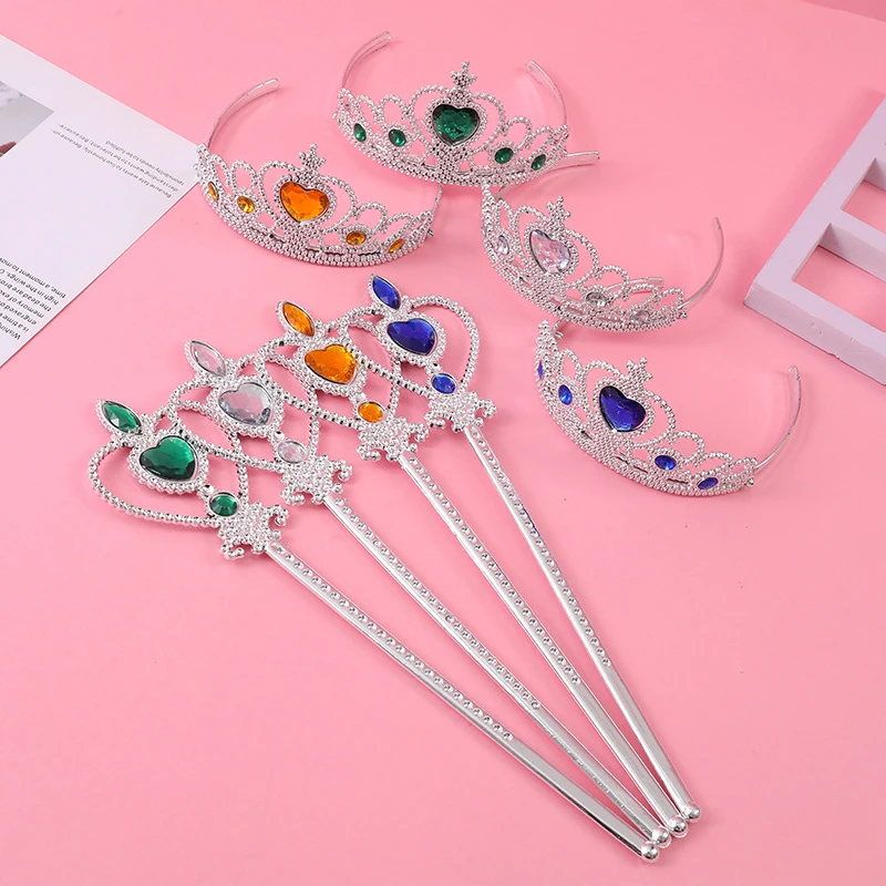 Kids Gemstone Crown Scepter Toys Princess Costume Accessories Girls Cute Headdress Magic Wand Toy Children's Birthday Party Gift
