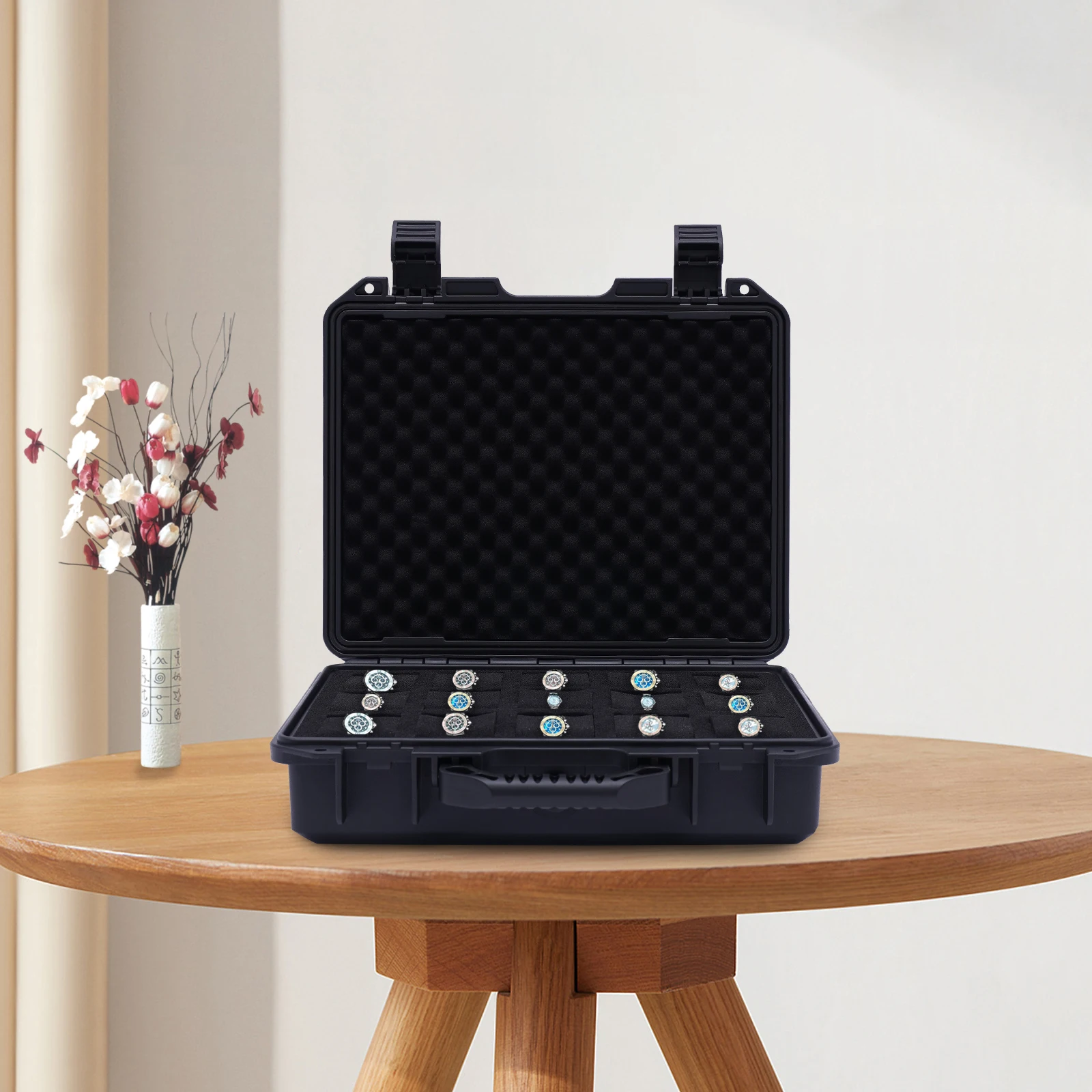 

15 Slots Watch Storage Box Plastic Suitcase Case Display Storage Case Waterproof