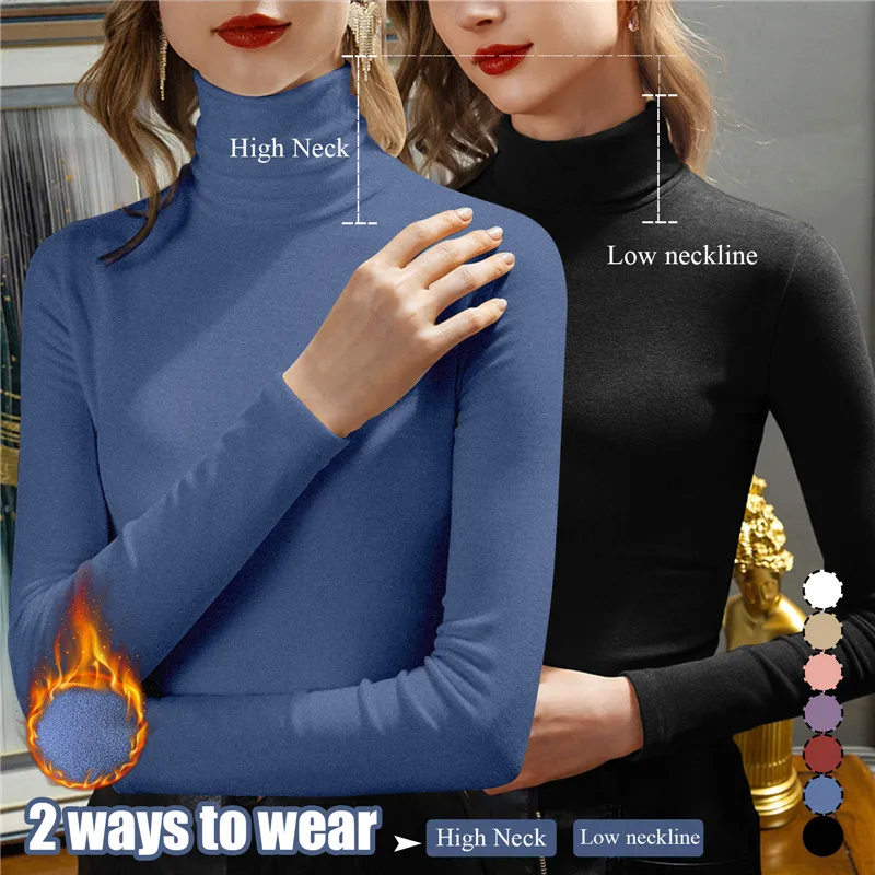 2025 Hot Fleece-Lined Slimming /Turtle Neck Top Women's Versatile Solid Color Long Sleeve T-Shirt Base Layer Autumn Winter 2