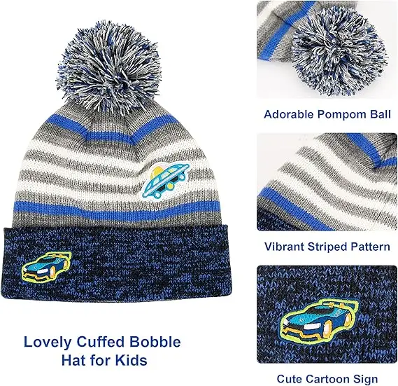 Maylisacc Winter Kids Bobble Hat Scarf Gloves Set with Double Layer Fleece Lining for Boys Girls Aged 3-8, Warm Knitted Pom Pom