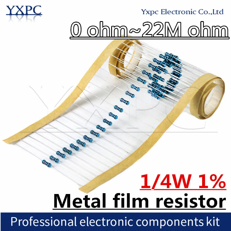 

100pcs 1/4W 1% Metal film resistor 0R~22M 100R 220R 1R 10R 1K 1.5K 2.2K 4.7K 10K 22K 47K 100K 100 220 1K5 2K2 4K7 ohm resistance