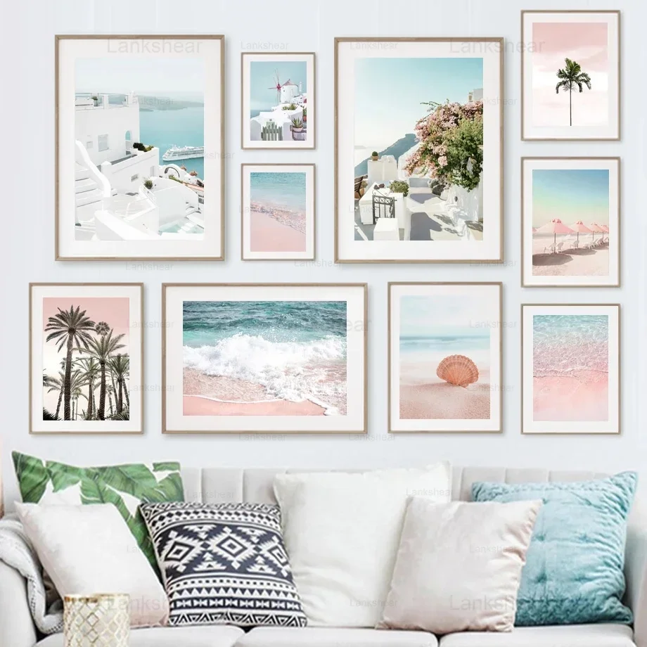 Nordic Seascape Canvas Artwork Pink Beach Waves Parasole Albero Di Cocco Stampe Wall Art Ideale Per Soggiorno Home Decor