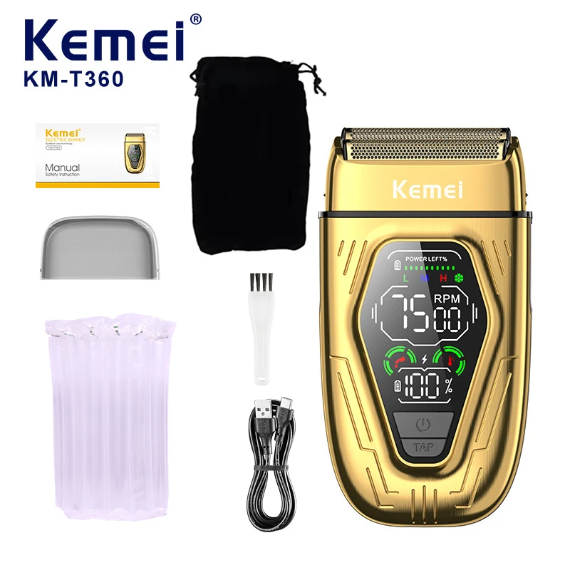 Kemei T360 New Electric Shaver with LED Display Screen Rechargeable Hair Beard Razor Bald Head Shaving for Men