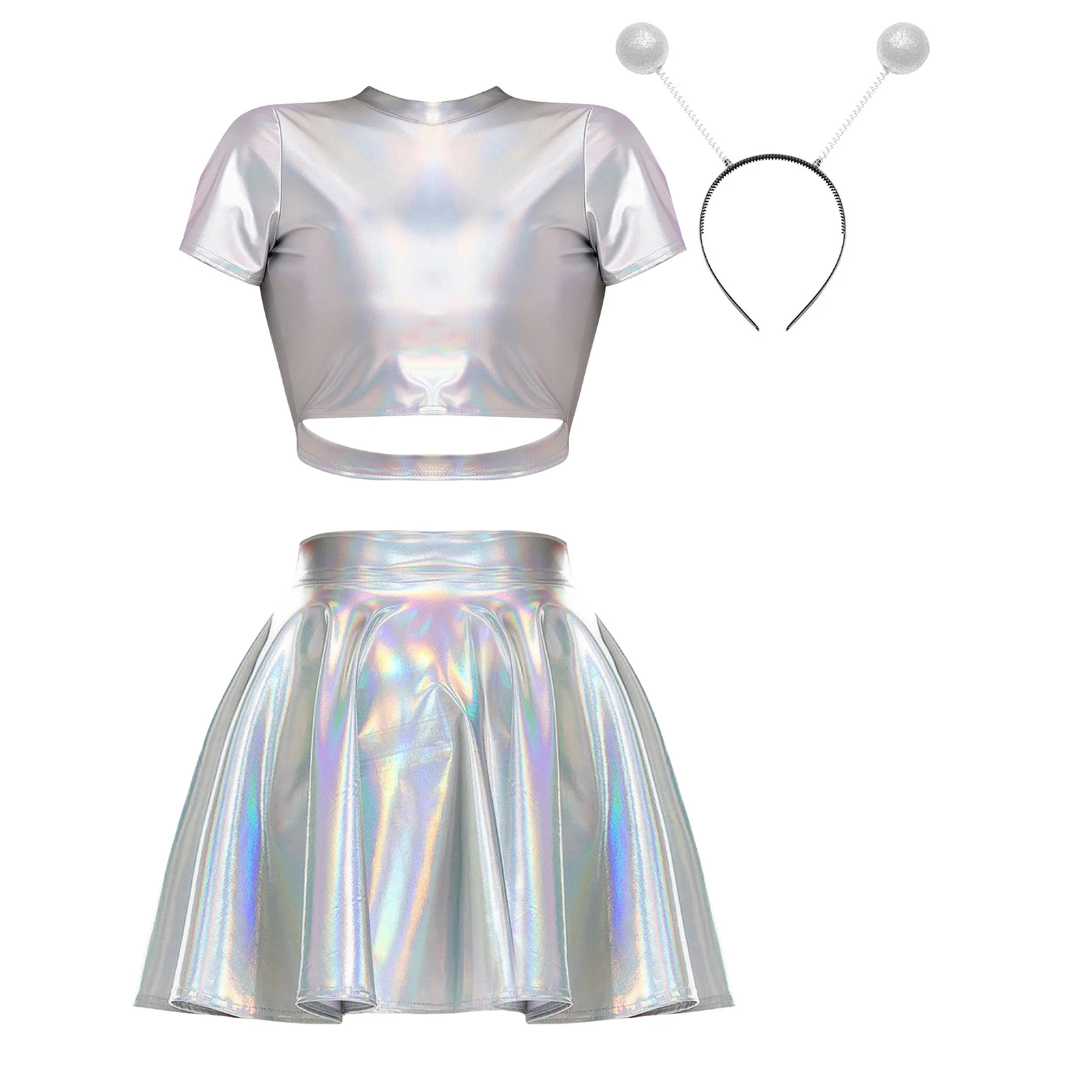 Weltraum-Astronauten-Cosplay-Kostüm für Damen, metallisch glänzend, ärmellos, bauchfreies Tanktop mit Rock, Alien-Haarreifen, Mottoparty, Clubwear
