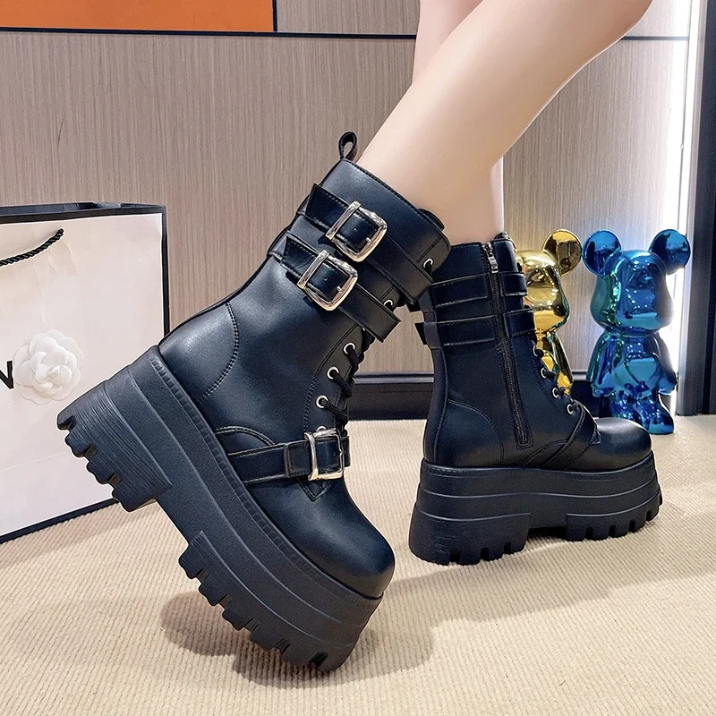 Black Autumn Women Punk Style Platform Ankle Boots Thick Sole Leather Motorcycle Boots 8CM Chunky Metal Buckle Short Boots Woman