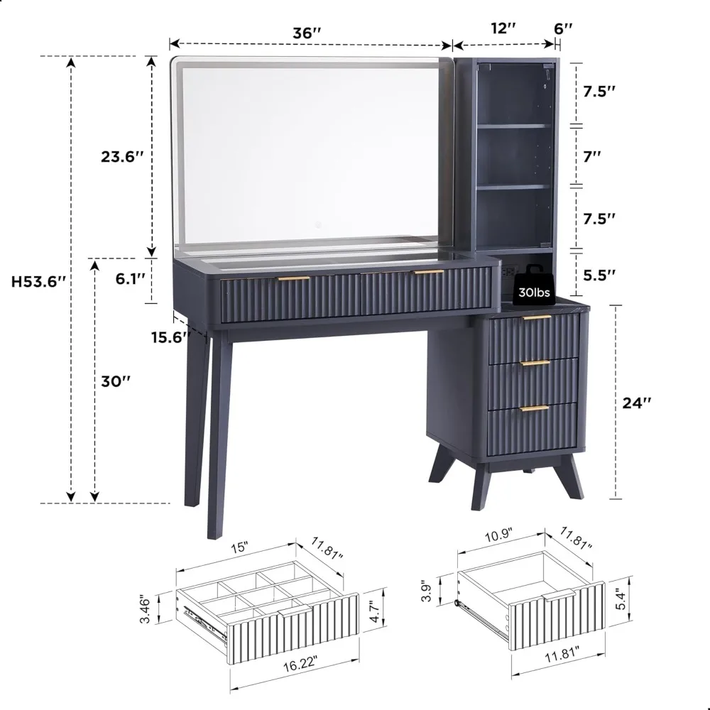 48" Fluted Makeup Vanity Desk with Large 36" Mirror and Lights, Modern Glass Top Big Vanity Table with 5 Drawers & Adjustable 2