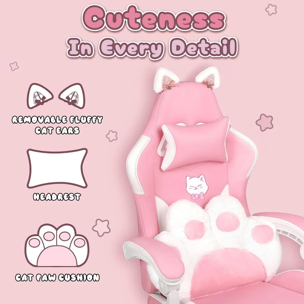 Pink Gaming Chair Cute with Cat Ears and Cat Paw Lumbar Cushion 4