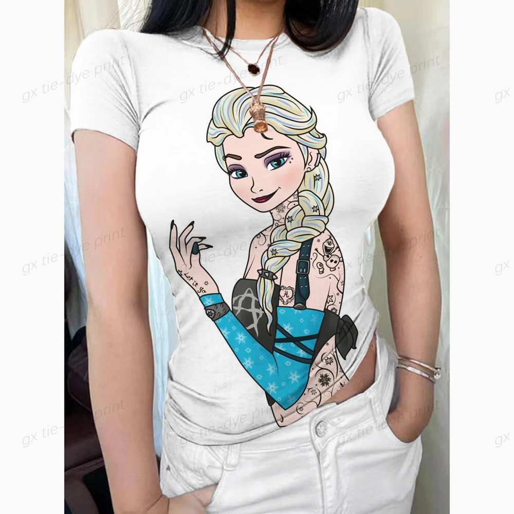 

Crop Top Disney Women's T-shirt Disney Princess Print Woman Clothes Tight Fashion Blouses Party Y2k Sexy T-shirts Slim Fit Tee