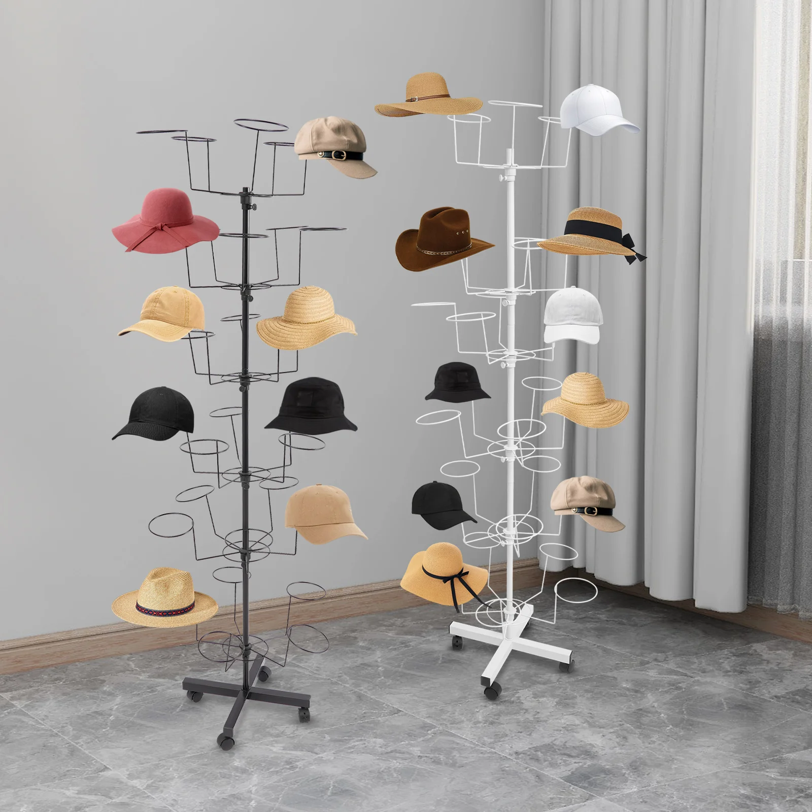 Schwarz/Weißer 6-stufiger Hutständer mit Rollen, drehbarer Hutpräsentationsständer, Cowboy- und Baseballmützenständer, für 30 Hüte, zur Organisation – Detail 5