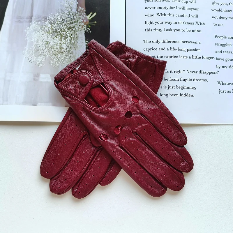 Thin Women's Sheepskin Driver Gloves Summer Breathable Snap Button Colored Genuine Leather Gloves