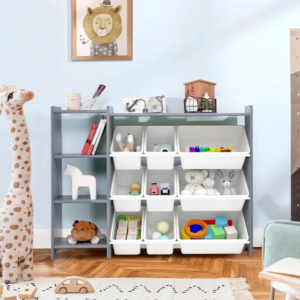 Children's bookshelf,4-layer children's toy storage rack-100% solid wood children's storage cabinet,equipped with 9plastic boxes 2