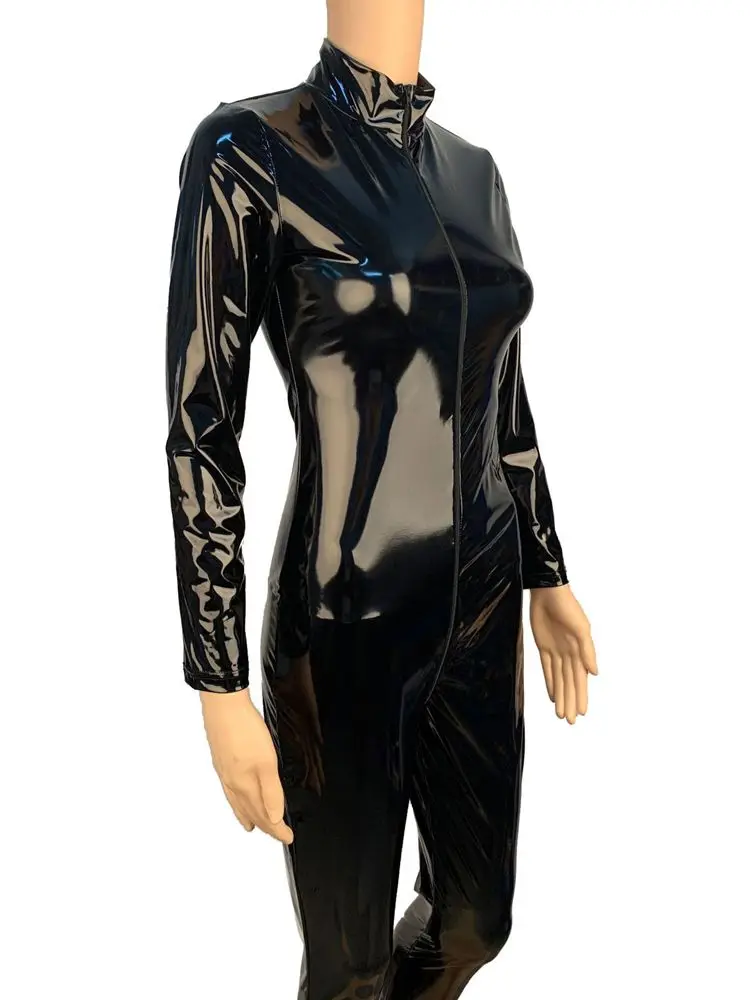 S-5XL Unisex Wet Look PVC Catsuit Shiny PU Leather Two Way Zipper Open Crotch Bodysuit Tights Cosplay Leotard Conjoined Jumpsuit