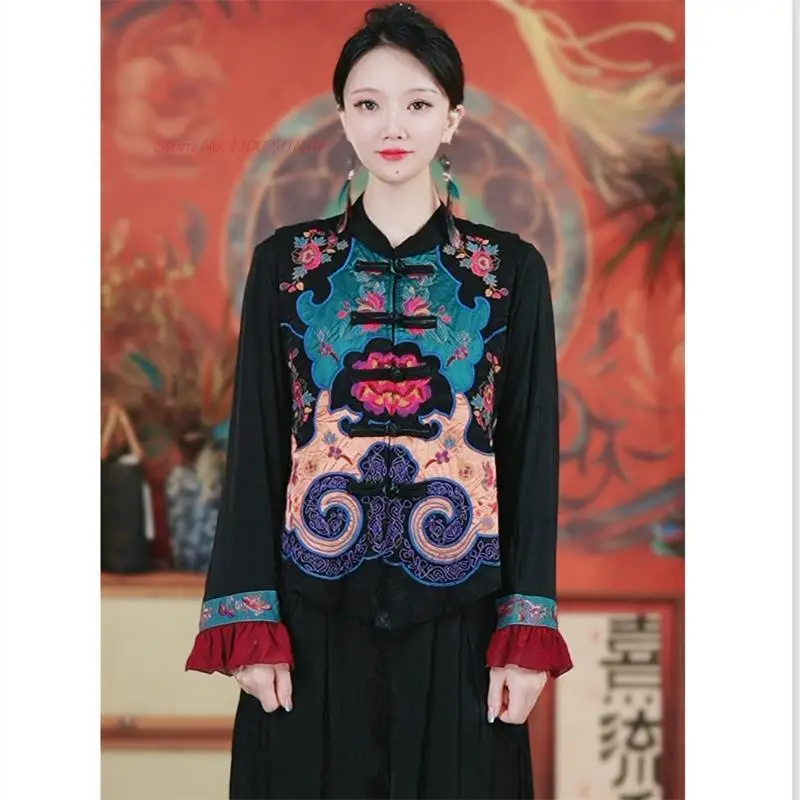 

2024 traditional chinese national flower embroidery vest chinese vintage hanfu tops oriental stand collar sleeveless jacket