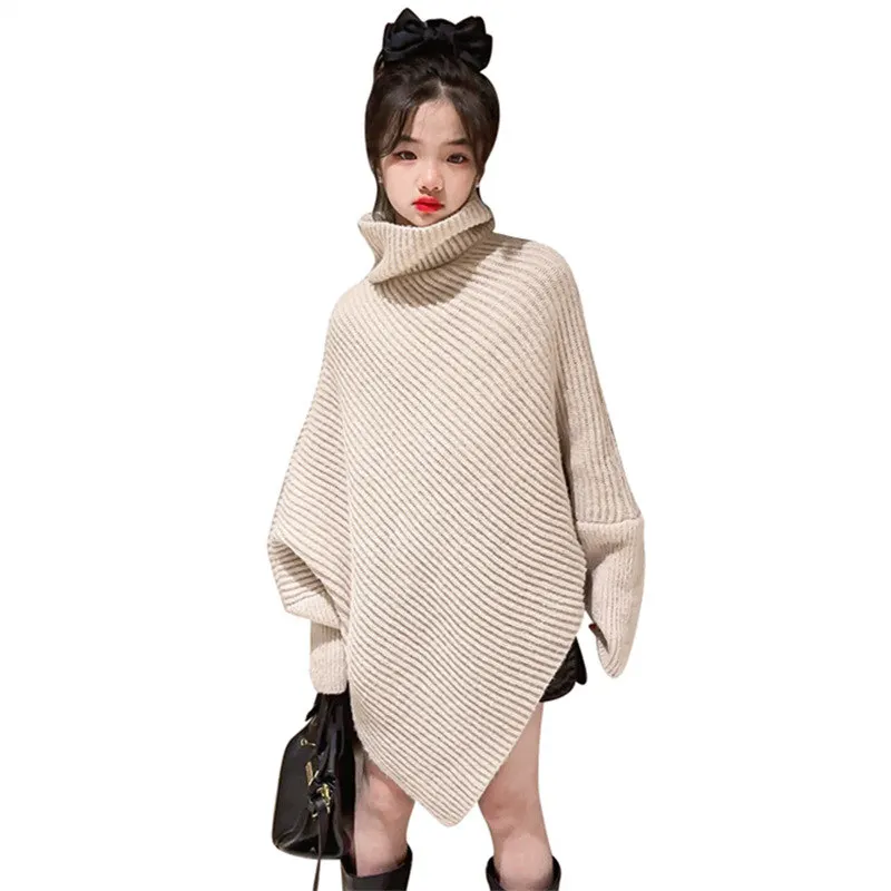 

Young Girls Korean Fashion Turtleneck Sweater Asymmetric Design Children's Loose Casual Pullover Knitwear Clothes Spring Autumn