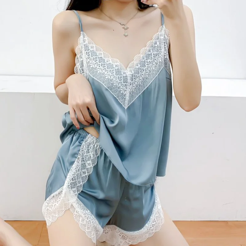 

Satin Sleepwear Summer Women Pajamas Set Homewear Sexy Patchwork Lace Suspender Pyjamas Suit Intimate Lingerie Casual Loungewear